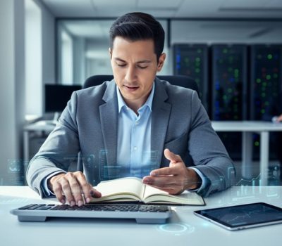 ERP analyst working at a desk in a modern office with a glowing abstract system interface and business tools nearby.