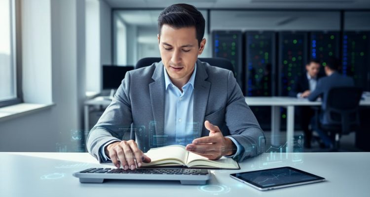 ERP analyst working at a desk in a modern office with a glowing abstract system interface and business tools nearby.