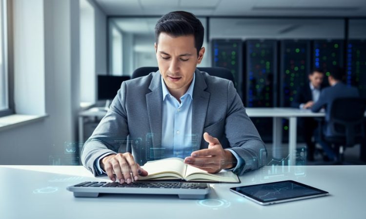 ERP analyst working at a desk in a modern office with a glowing abstract system interface and business tools nearby.