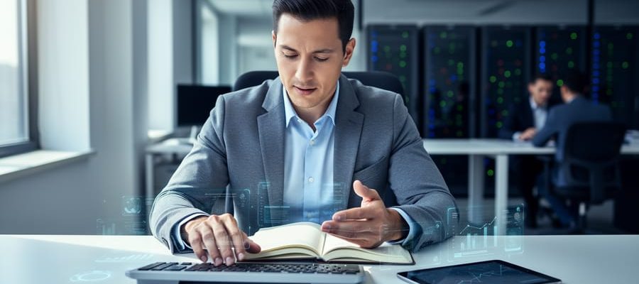 ERP analyst working at a desk in a modern office with a glowing abstract system interface and business tools nearby.