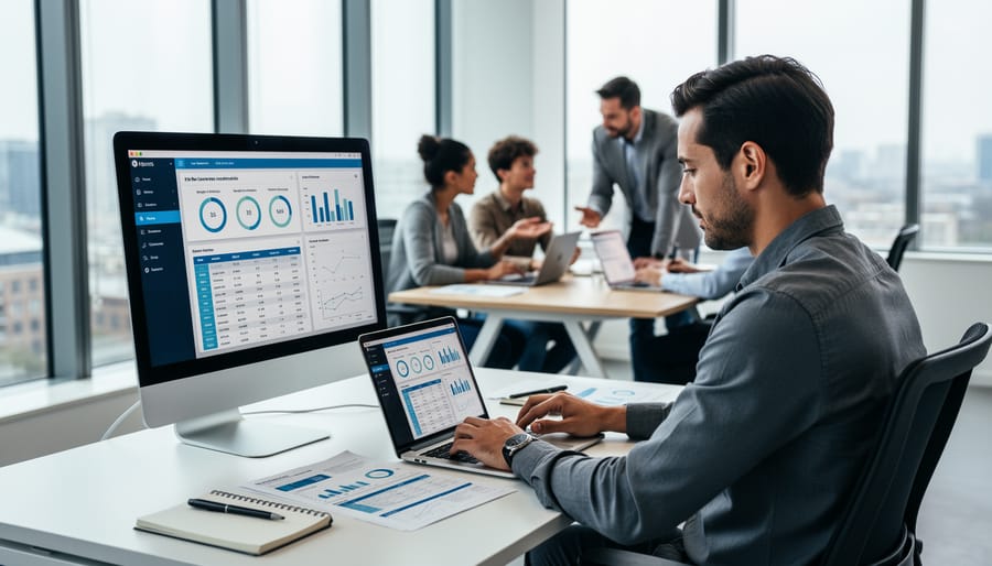 ERP analyst reviewing reports and working on a laptop in a modern Canadian office.