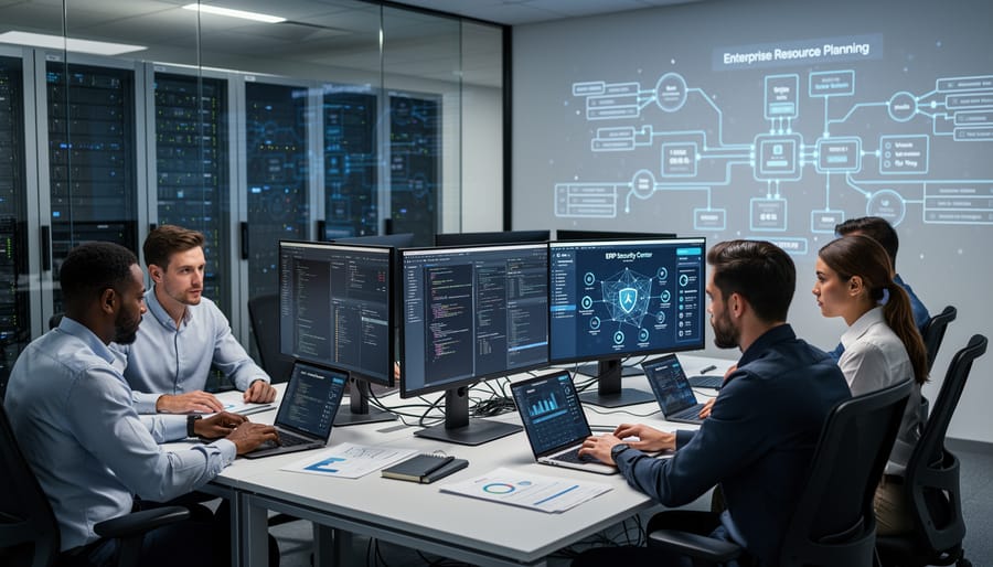 ERP analyst and manager collaborating near server racks in a data room.