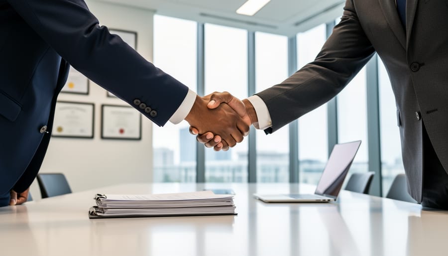 Handshake between two business professionals in a conference room