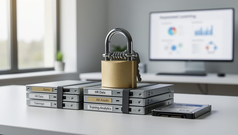 Padlock placed on storage drives symbolizing data privacy and ethical compliance in HR analytics