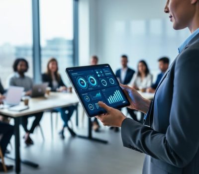 HR professional holding a tablet showing an analytics-style glow in a training room, with blurred learners seated behind.