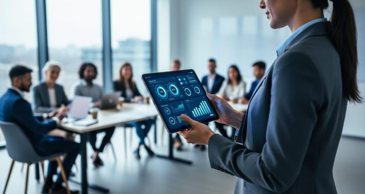 HR professional holding a tablet showing an analytics-style glow in a training room, with blurred learners seated behind.