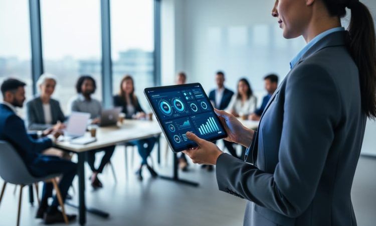 HR professional holding a tablet showing an analytics-style glow in a training room, with blurred learners seated behind.