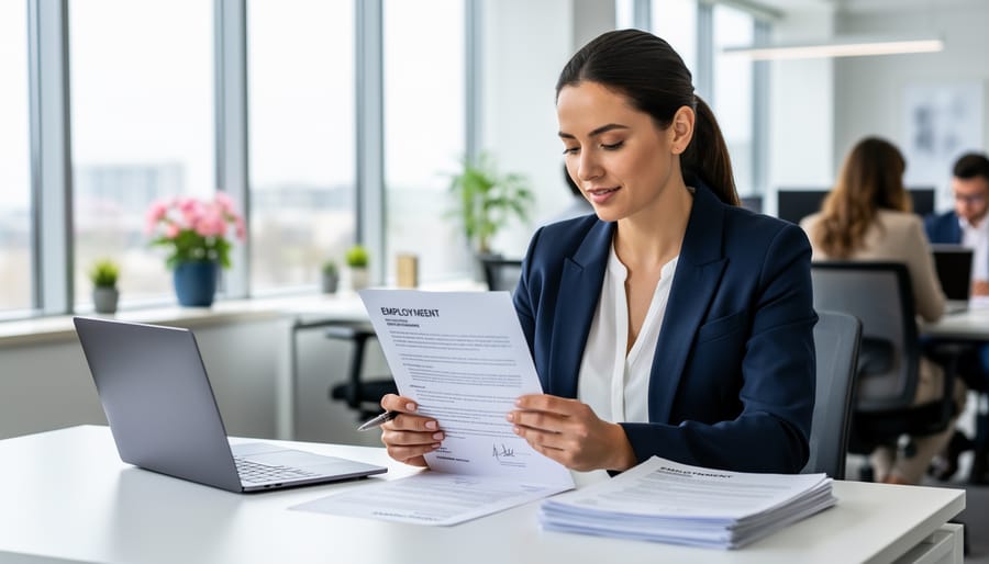 HR professional reviewing employment documents in an office