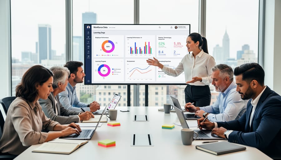 HR and training professionals collaborating around a laptop in a modern training room