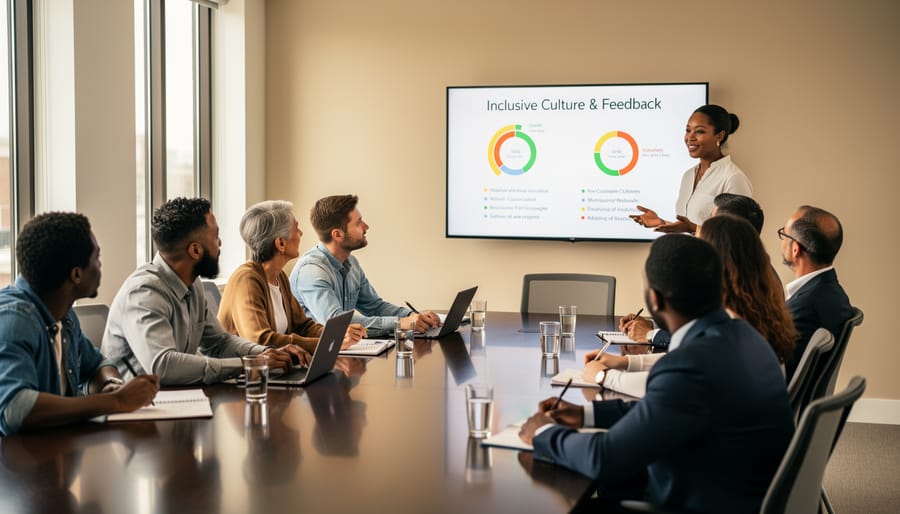 Diverse employees in a workshop circle listening to a facilitator in a training session.