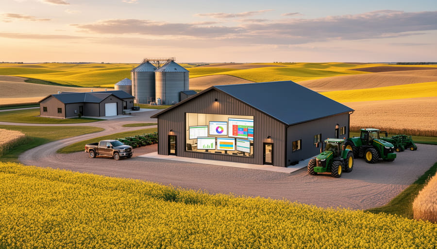 Sunrise view of a Saskatchewan agricultural field with a combine harvester in the distance.