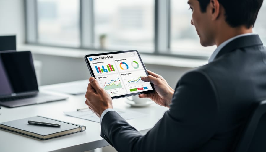 Business professional holding a tablet with abstract analytics visuals while planning training