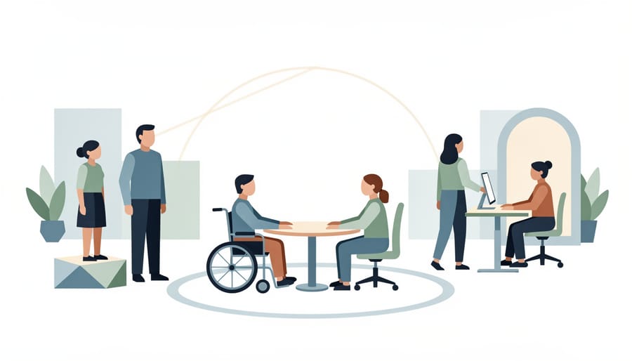 Coworkers assisting a teammate in an office, symbolizing support, accommodation, and inclusion.