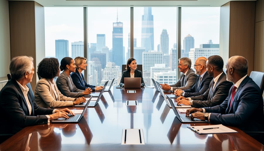 Executives seated around a boardroom table during a meeting
