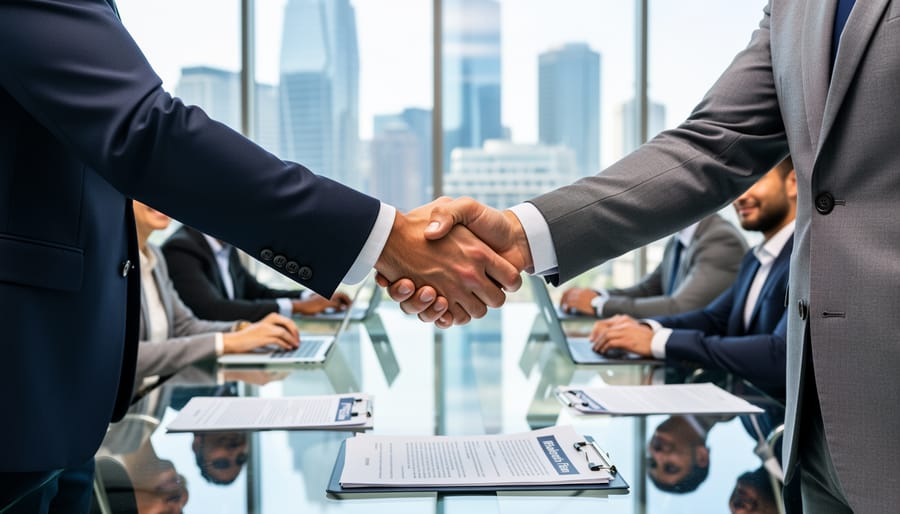 Handshake between two business professionals representing a company ownership change