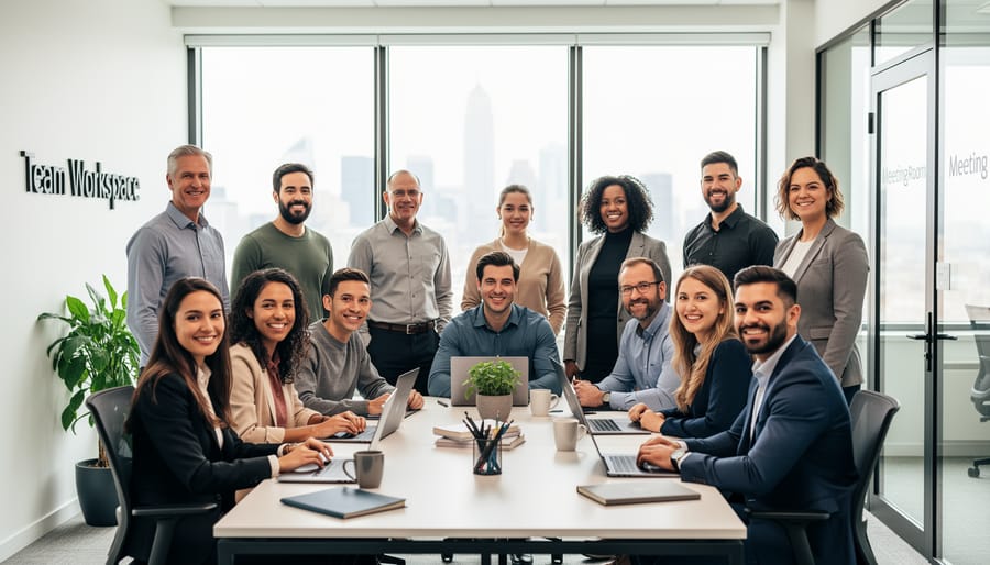 Diverse group of coworkers standing together near a meeting room in an office
