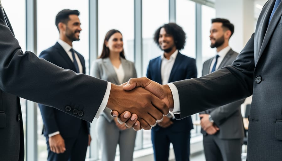 Close-up of a respectful handshake between two colleagues in an office