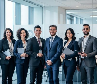 Diverse professionals standing together near a modern glass conference room in a corporate boardroom setting, representing inclusive gender diversity.