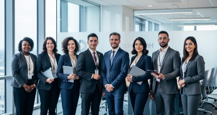 Diverse professionals standing together near a modern glass conference room in a corporate boardroom setting, representing inclusive gender diversity.
