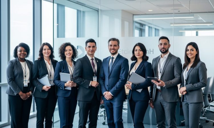 Diverse professionals standing together near a modern glass conference room in a corporate boardroom setting, representing inclusive gender diversity.