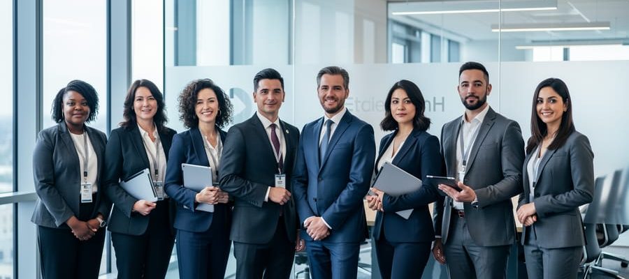 Diverse professionals standing together near a modern glass conference room in a corporate boardroom setting, representing inclusive gender diversity.