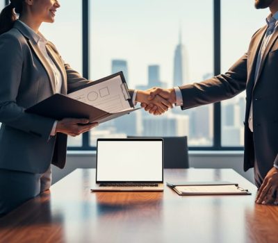 HR professional shaking hands in a boardroom over employment law due diligence documents during a company ownership change.