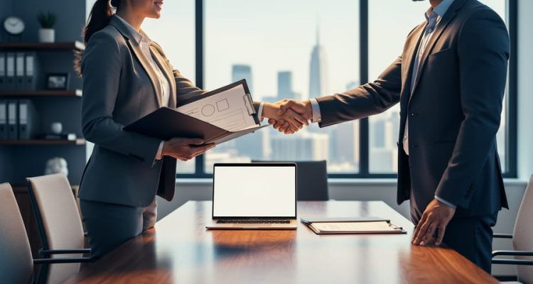 HR professional shaking hands in a boardroom over employment law due diligence documents during a company ownership change.