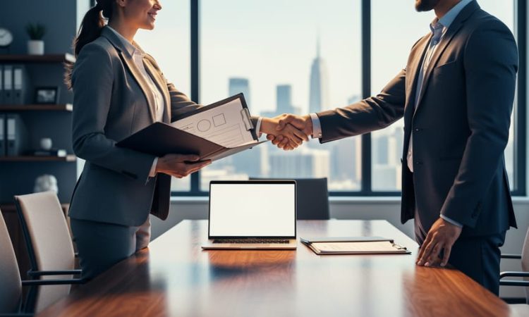 HR professional shaking hands in a boardroom over employment law due diligence documents during a company ownership change.