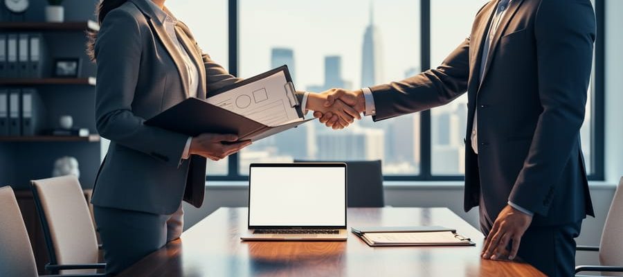 HR professional shaking hands in a boardroom over employment law due diligence documents during a company ownership change.