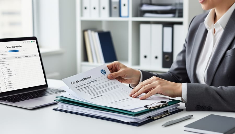 HR professional reviewing printed employment documents on a desk