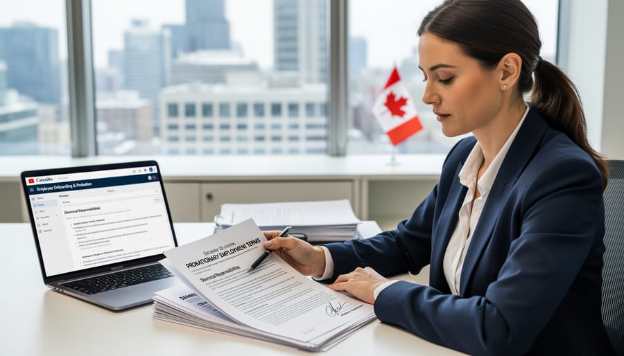 HR professional reviewing a binder and clipboard at an office desk
