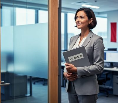 HR professional holding probation documentation in a modern Canadian office with a softly blurred conference room in the background.