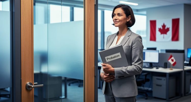 HR professional holding probation documentation in a modern Canadian office with a softly blurred conference room in the background.