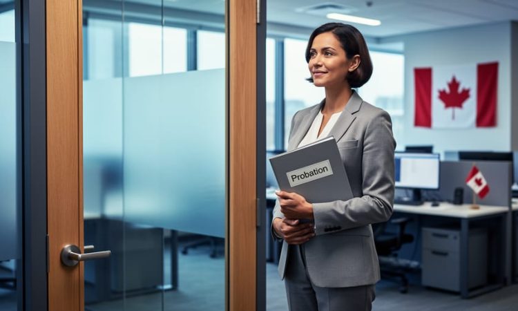 HR professional holding probation documentation in a modern Canadian office with a softly blurred conference room in the background.