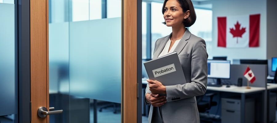 HR professional holding probation documentation in a modern Canadian office with a softly blurred conference room in the background.