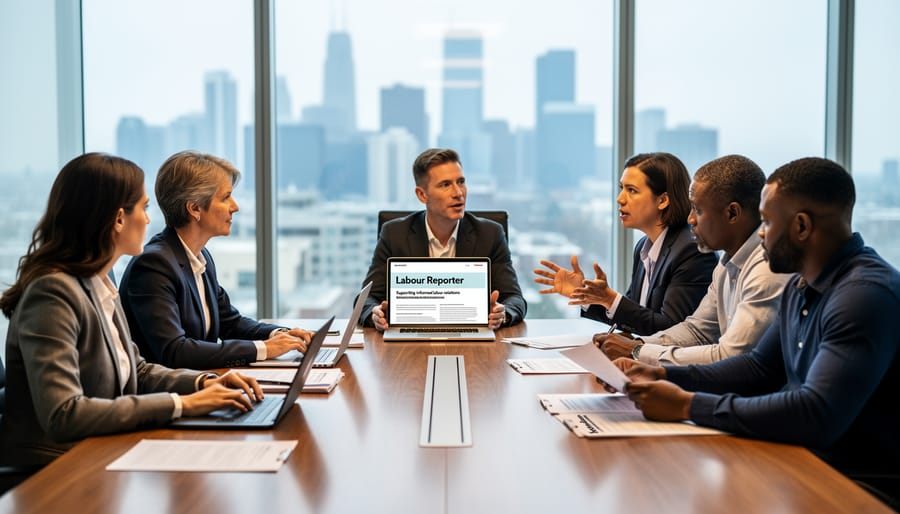 HR and union representatives seated across a conference table with documents during a professional meeting