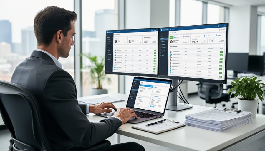 HR information systems analyst working at a desk with a laptop and HR documents in a modern office