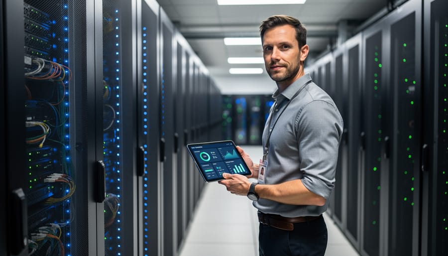 Secure server room with glowing server racks and cables, suggesting HRIS data security