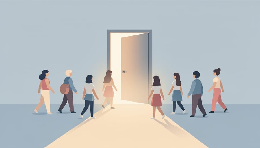 Silhouettes of people framed by an open doorway with welcoming light in an office