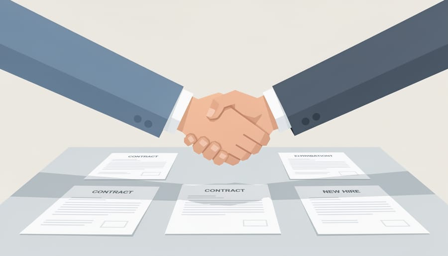 Two business people shaking hands over a table with employment paperwork