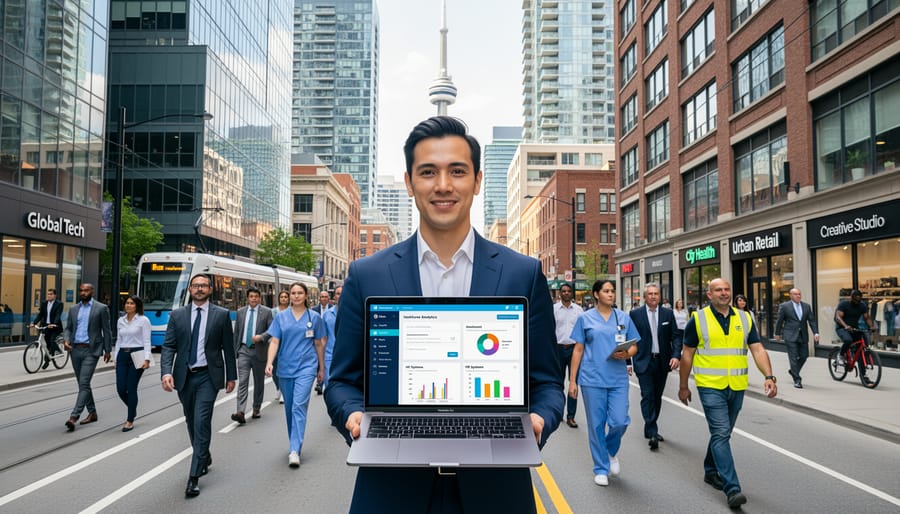 Professional in business attire holding a tablet near a window with a softly blurred city street outside