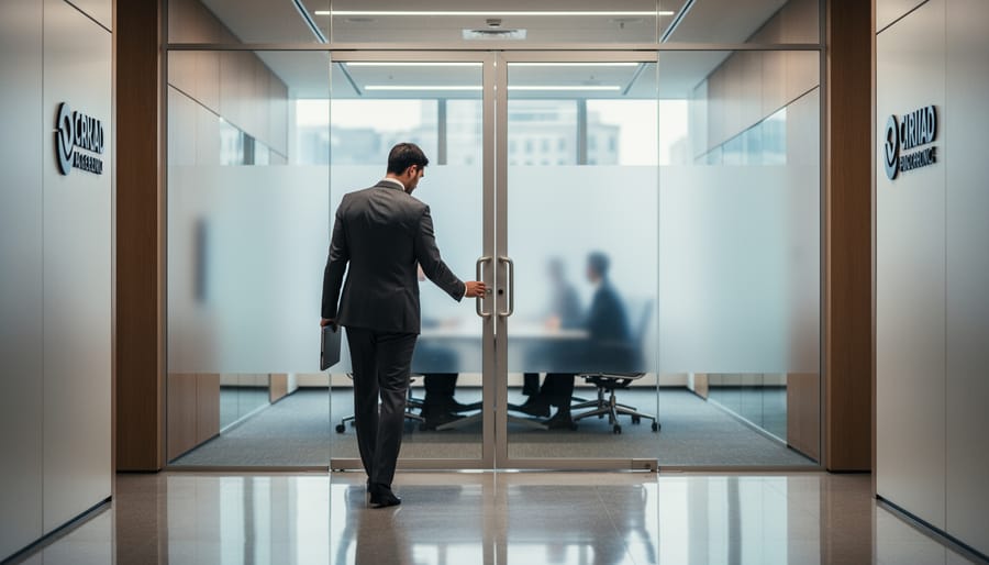 Hand reaching for a glass office door handle in a corporate hallway