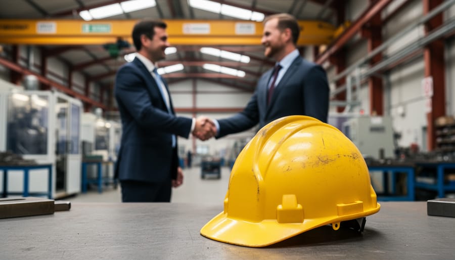 Safety helmet on a workbench in an industrial workplace