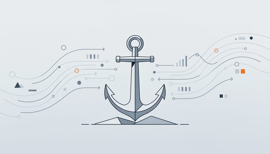 Anchor chain extending into calm water at dusk, symbolizing stability and security.