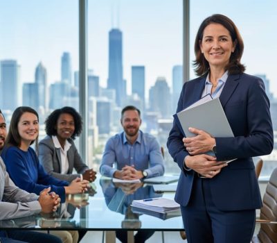 A Canadian HR professional meets with a diverse team in a modern office, symbolizing stable employment relationships through clear communication and planning.