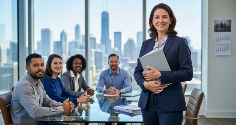 A Canadian HR professional meets with a diverse team in a modern office, symbolizing stable employment relationships through clear communication and planning.