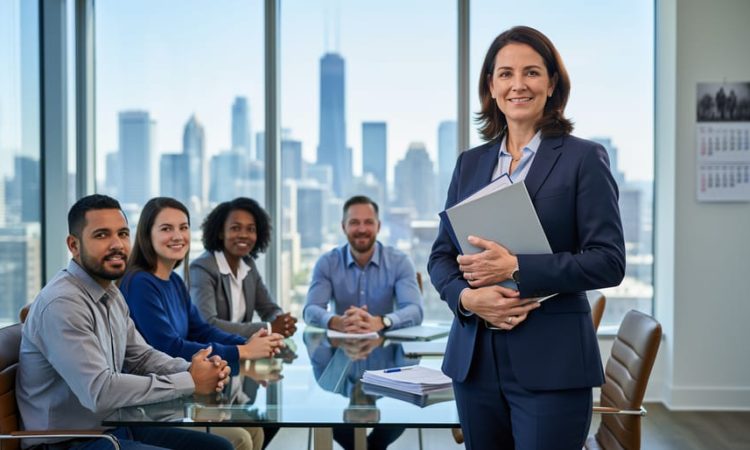 A Canadian HR professional meets with a diverse team in a modern office, symbolizing stable employment relationships through clear communication and planning.