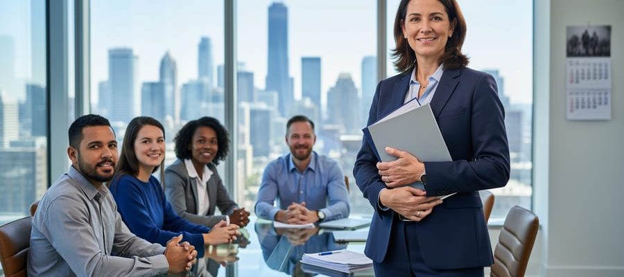 A Canadian HR professional meets with a diverse team in a modern office, symbolizing stable employment relationships through clear communication and planning.