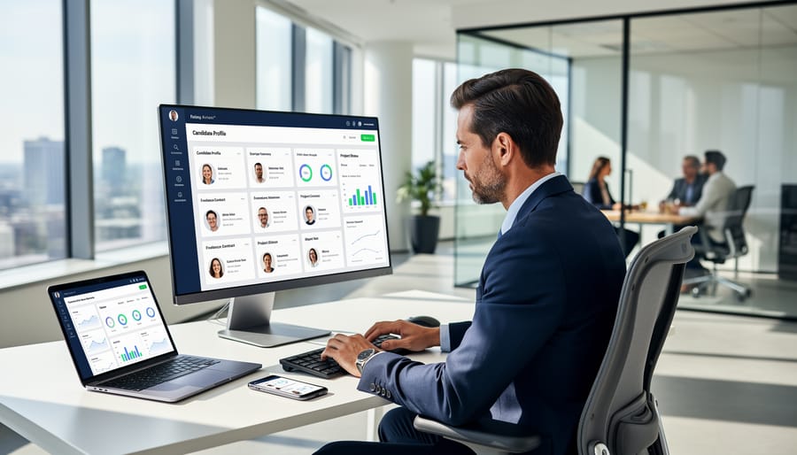 HR professional using a laptop and smartphone in a modern office