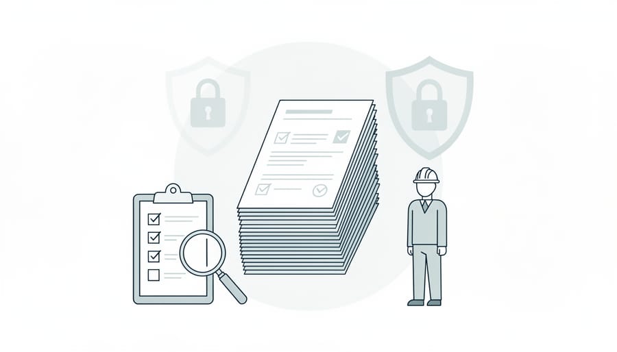 Close-up of contract documents and verification materials on a desk beside a laptop